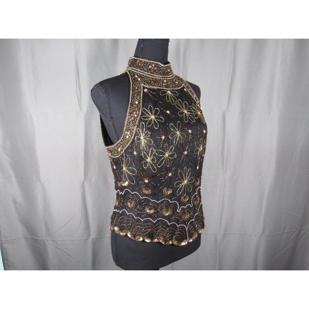 Papell Boutique Evening Black Silk Beaded Halter Top Mock Neck Scalloped Medium - Picture 3 of 8